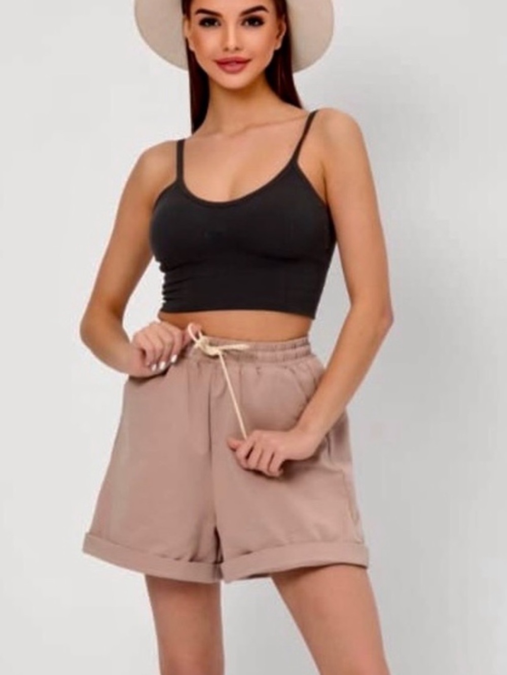 3/50$High-Rise Drawstring Bermuda Shorts in Taupe